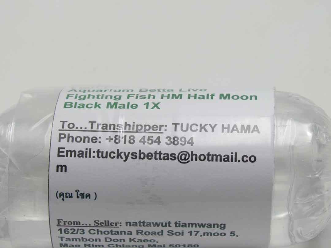 Trans-shipper Tucky Hama label on export bag